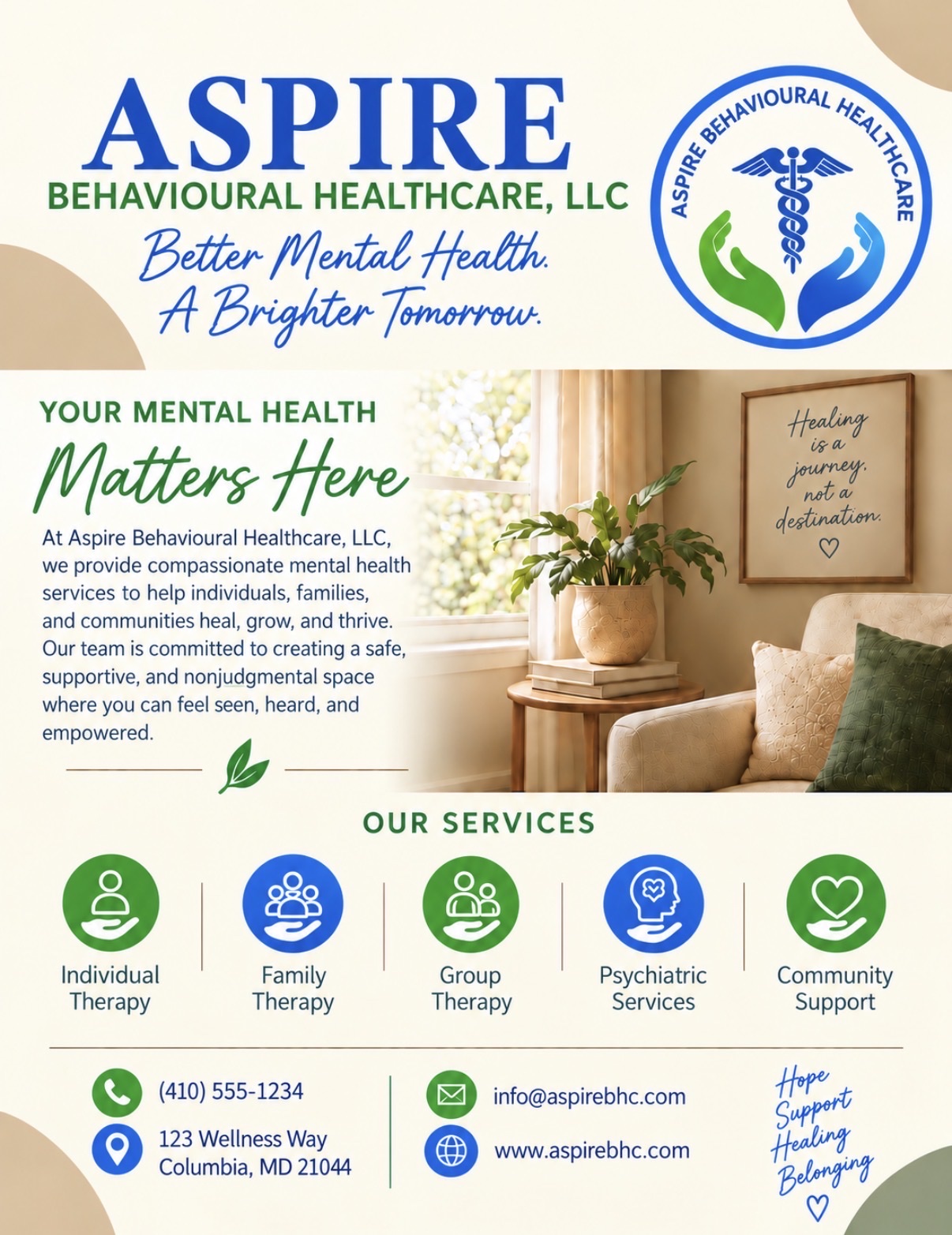 Aspire Behavioural Healthcare, LLC — Better Mental Health. A Brighter Tomorrow. Your mental health matters here. Services include individual therapy, family therapy, group therapy, psychiatric services, and community support.